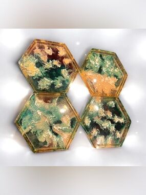 4 Artist Designed handmade hexagonal resin coasters.